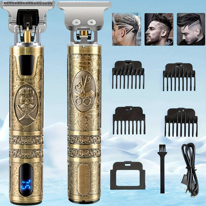 LED Hair Trimmer for Men - T-Blade USB Rechargeable 2000mAh, Vintage Dragon & Mustache Design, 4 Guide Combs, Cordless Precision Grooming, Holiday Gift for Him