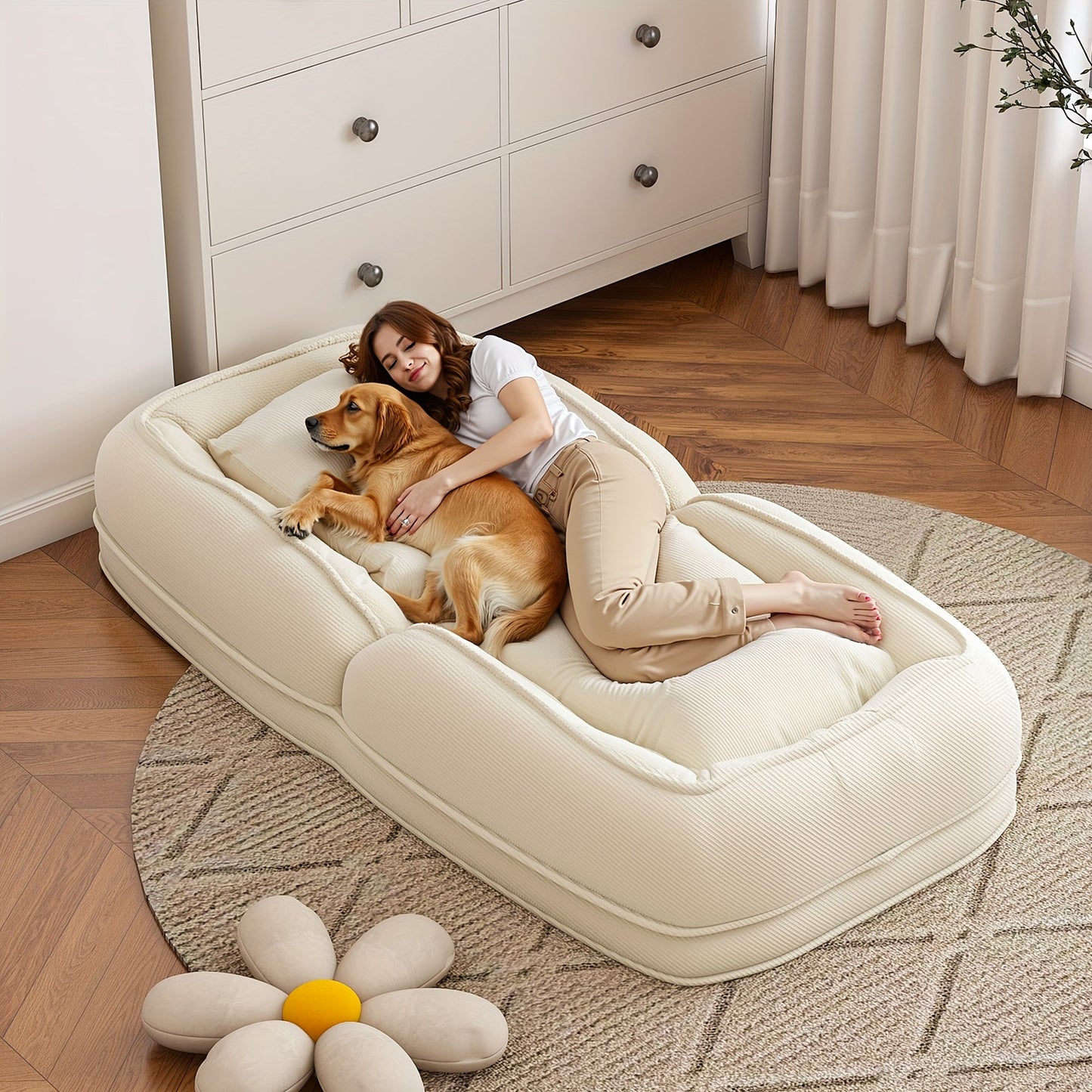 Human Dog Bed for Adults & Pets – Foldable Lazy Sofa Bed with 5 Adjustable Positions, High-Resilience Sponge, Breathable Corduroy, 2 Soft Pillows, Bedroom Living Room Reading Corner