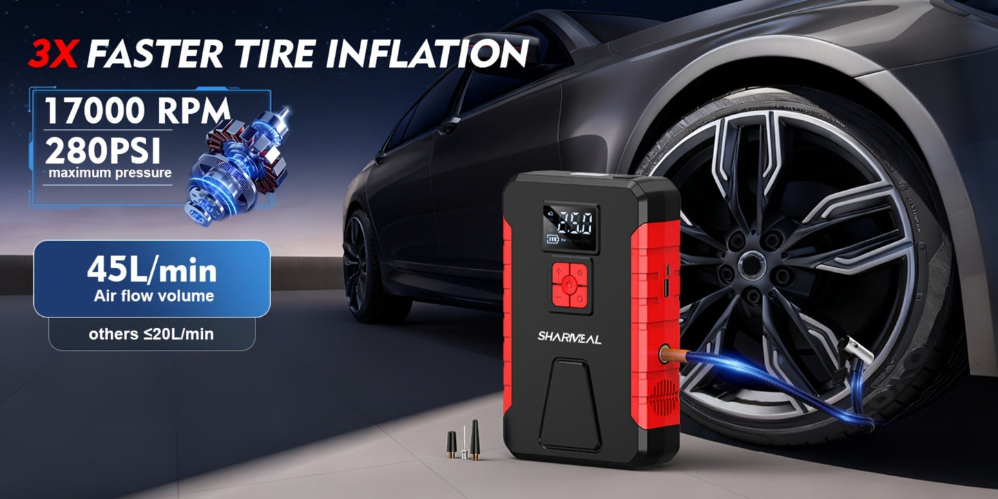 Portable Jump Starter with Air Compressor – 15000A-19000A Peak 350PSI 12V 17-in-1 Car Battery Jump Starter, Digital Display, LED Light & Smart Clamp for Cars Trucks SUVs
