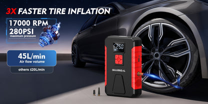 Portable Jump Starter with Air Compressor – 15000A-19000A Peak 350PSI 12V 17-in-1 Car Battery Jump Starter, Digital Display, LED Light & Smart Clamp for Cars Trucks SUVs