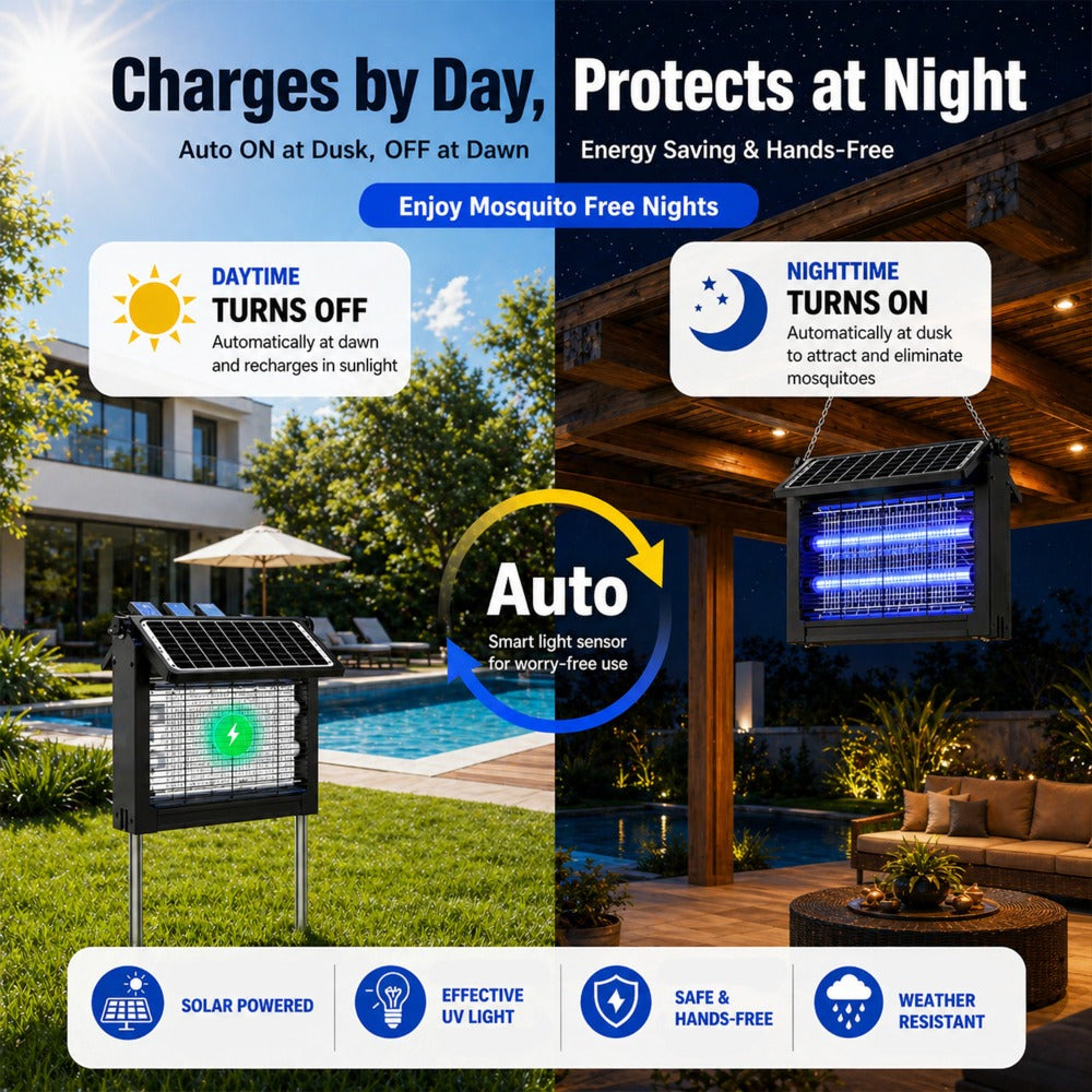 Solar Bug Zapper Outdoor – 4500V Electric Mosquito Killer with Dual Solar Panels & USB Charging, Auto On/Off Light Sensor, IPX4 Waterproof Insect Trap for Patio, Backyard, Garden & Camping