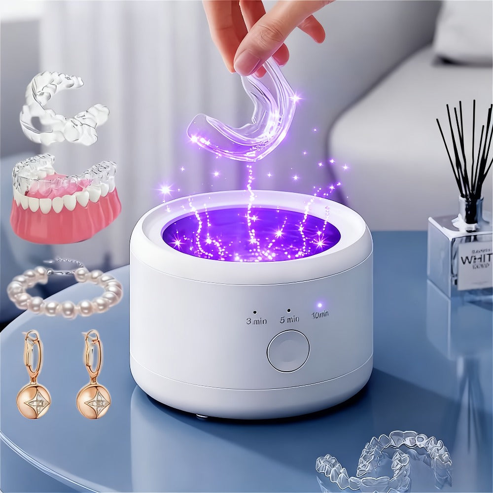 Electric Ultrasonic Cleaner Machine for Dentures Jewelry & Glasses — USB Rechargeable 3 Speeds Auto Timer 180ml Tank One-Touch Portable Dental Cleaning Device for Home & Travel