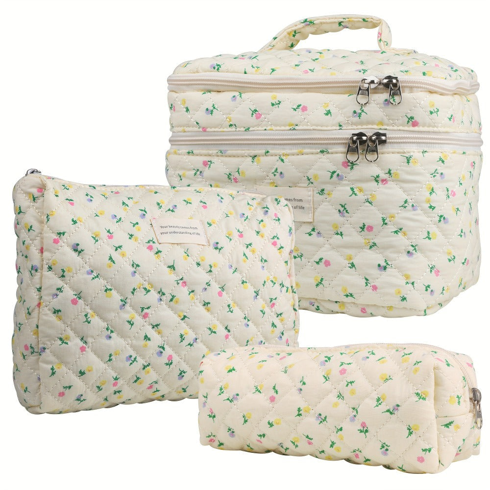Makeup Bag Set 3 PCS Quilted Cotton Dual Layer Large Capacity Floral Coquette Aesthetic Travel Cosmetic Bag Women Toiletry Organizer Cute Soft Fabric Pouch Blue Pink Purple 6 Styles