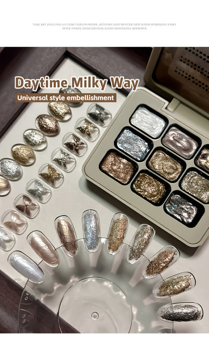Fairy Powder Nail Art Gel Set 9 Colors Galaxy Milky Way – Nine-Grid Special Effect Shimmer Gel Polish Alcohol Free UV LED Soak Off, Long Lasting Glitter Nail Gel for Salon & DIY Home Women