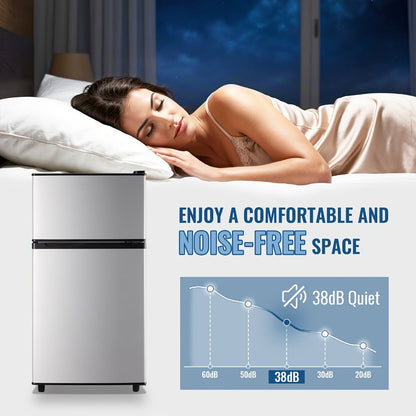 Small Fridge with Freezer, 2-Door Compact Refrigerator with 7-Level Adjustable Thermostat, Removable Shelves & Basket – 2.5 or 3.5 Cu Ft Silver Mini Fridge for Dorm, Office, RV and Bedroom