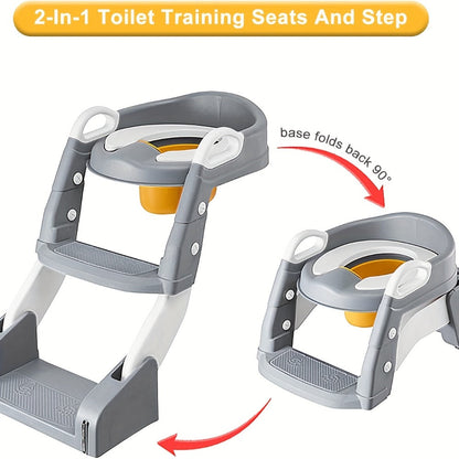 Potty Training Toilet Seat with Ladder – 2-in-1 Toddler Toilet Seat & Step Stool, Foldable Kids Potty Chair with Anti-Slip Pad, Splash Guard & Wide Double Pedal, for Boys & Girls