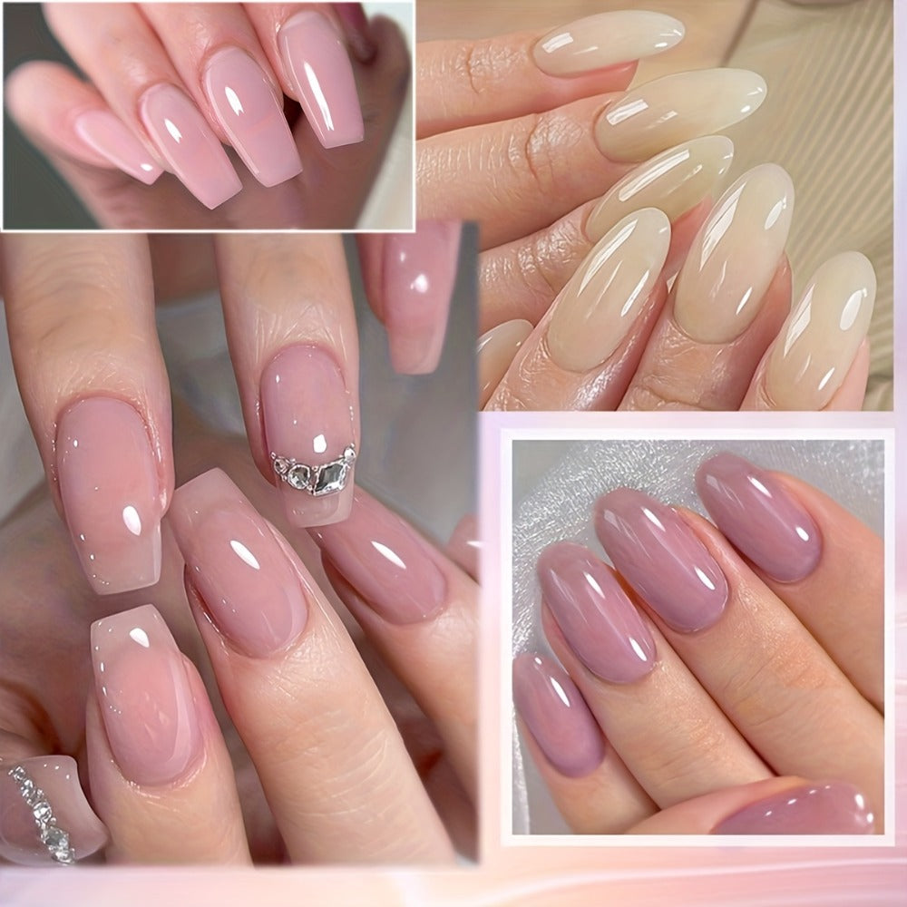 Jelly Gel Nail Polish Set 4pcs Nude Icy Translucent - Semi-Permanent LED Cured Long Lasting Glossy DIY Home Manicure Nail Art Kit 0.51oz