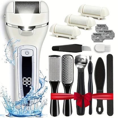 Electric Pedicure Foot File 10-in-1 Kit – Rechargeable with Digital Display, 3 Roller Heads, Dead Skin & Hard Skin Remover for Men & Women