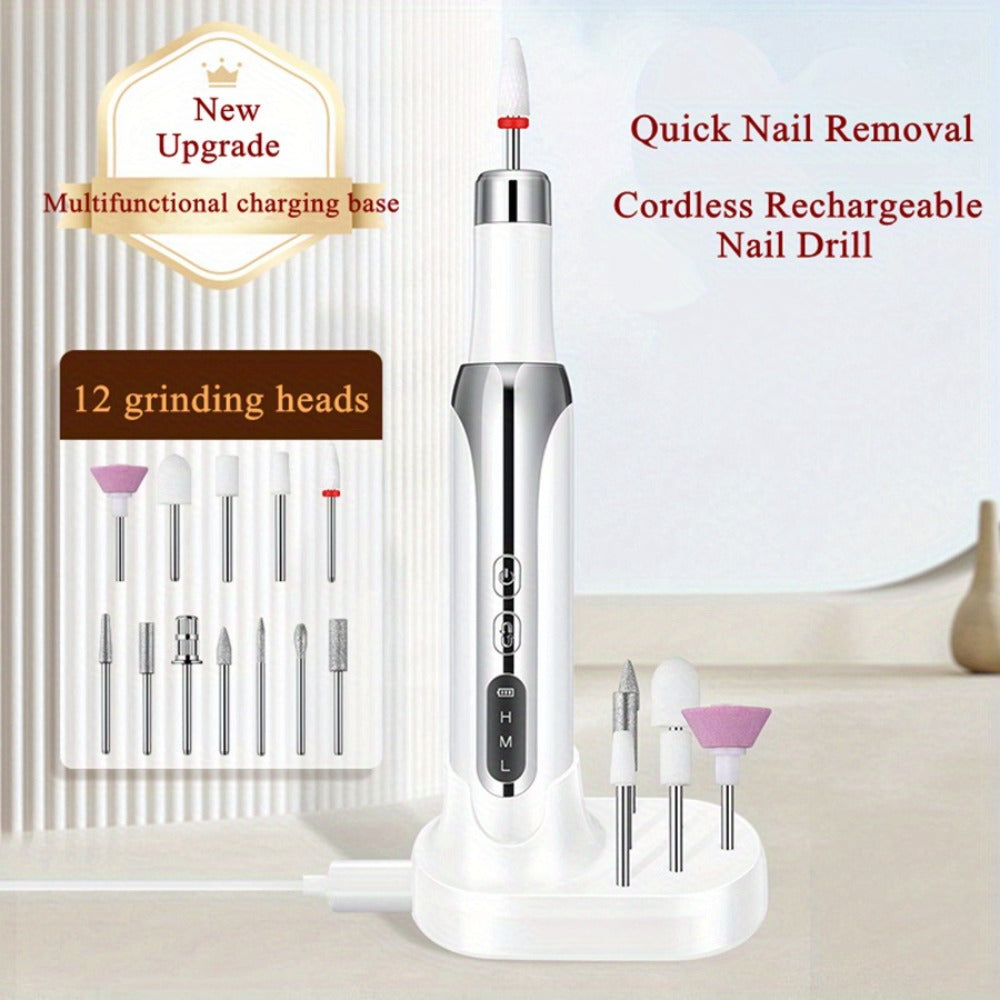 Electric Nail Drill Cordless USB Rechargeable 12 Bits Sanding Bands Manicure Pedicure Kit Low Noise Portable Pen Style Home Salon Beginner Professional Golden White
