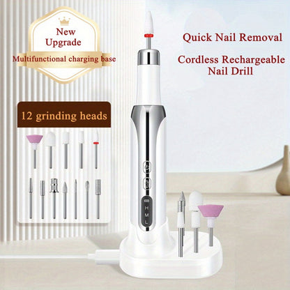 Electric Nail Drill Cordless USB Rechargeable 12 Bits Sanding Bands Manicure Pedicure Kit Low Noise Portable Pen Style Home Salon Beginner Professional Golden White