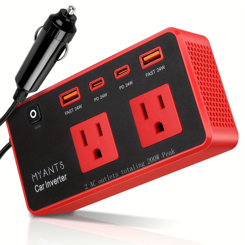 Car Power Inverter 200W, 12V DC to 110V AC Converter Car Outlet Adapter Outlet Fast Car Charger 4 USB Ports 24W [PD & QC 3.0 USB C USB A] Type C Vehicle Power Supply Car Plug Outlet for Road Trips, Camping, Without Battery