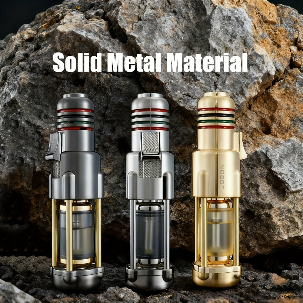 Butane Torch Lighter Windproof Jet Flame Zinc Alloy Refillable – Visible Fuel Tank, Adjustable Blue Flame, Rocket Design for Camping, BBQ, Cigar & Outdoor Use, Grey & Golden (No Butane Included)