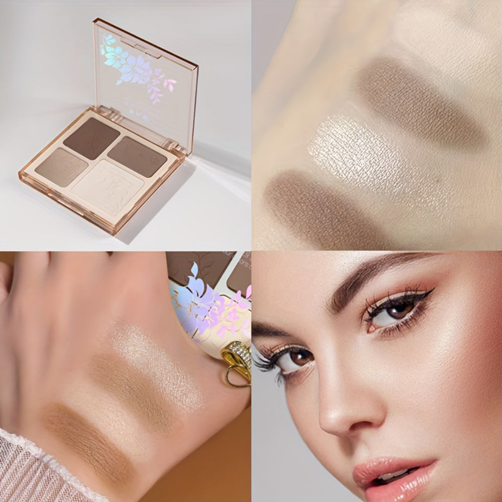 Face Sculpting Contour Palette 4 Colors Matte & Glossy — Multifunctional Bronzer Blush Highlighter & Eyeshadow Palette, Blendable Powder for Cheekbone Jawline Nose Defining, Everyday Makeup for Women