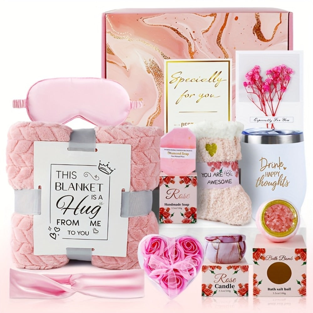 Luxury Spa Gift Set for Women 10-Piece Rose Scented Candles Bath Salt Balls Dried Flowers Eye Mask Soap Blanket Socks Hair Ribbon Gift Card Birthday Christmas Mother's Day Valentine Gift