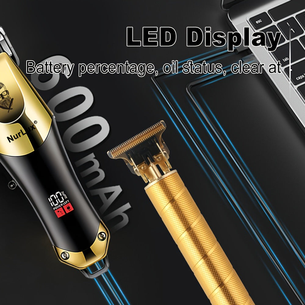Hair Clipper Set for Men USB Rechargeable - LCD Display Cordless Trimmer, Guide Combs & Cleaning Brushes, Professional Home Haircut Kit, Gift for Men, Golden Blue Silver