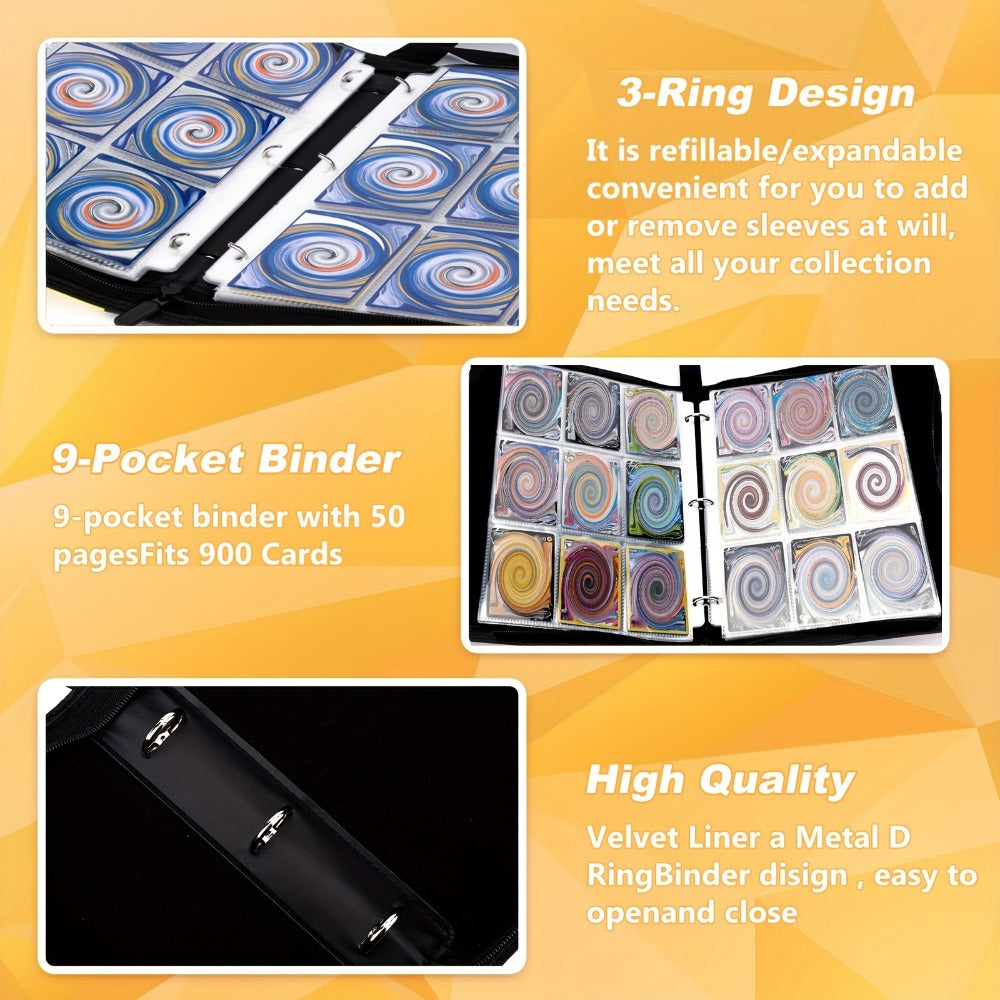 Trading Card Binder 900 Pocket Album – 9-Pocket 3-Ring Card Holder with 50 Removable Sleeves, Waterproof PU Leather for MTG, Pokemon, Sports Cards & TCG Collectors
