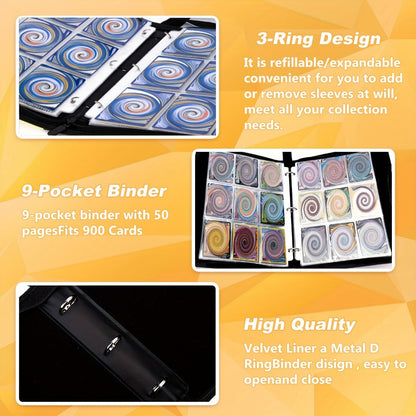 Trading Card Binder 900 Pocket Album – 9-Pocket 3-Ring Card Holder with 50 Removable Sleeves, Waterproof PU Leather for MTG, Pokemon, Sports Cards & TCG Collectors