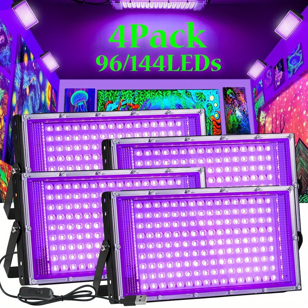 UV Black Light Flood Light 144 LED 385-400nm with USB Plug & Switch – Glow in the Dark Effect for Halloween Party Stage Lighting Body Paint Neon Poster Blacklight, Durable Plastic, 4 Pack