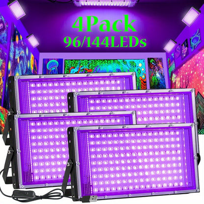 UV Black Light Flood Light 144 LED 385-400nm with USB Plug & Switch – Glow in the Dark Effect for Halloween Party Stage Lighting Body Paint Neon Poster Blacklight, Durable Plastic, 4 Pack