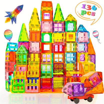 Magnetic Tiles Building Set for Kids 3 4 5 6 7 8 – 80 106 136 205pcs Clear 3D Magnet Building Blocks STEM Educational Toy Child-Safe ABS Creative Birthday Christmas Gift Boys Girls
