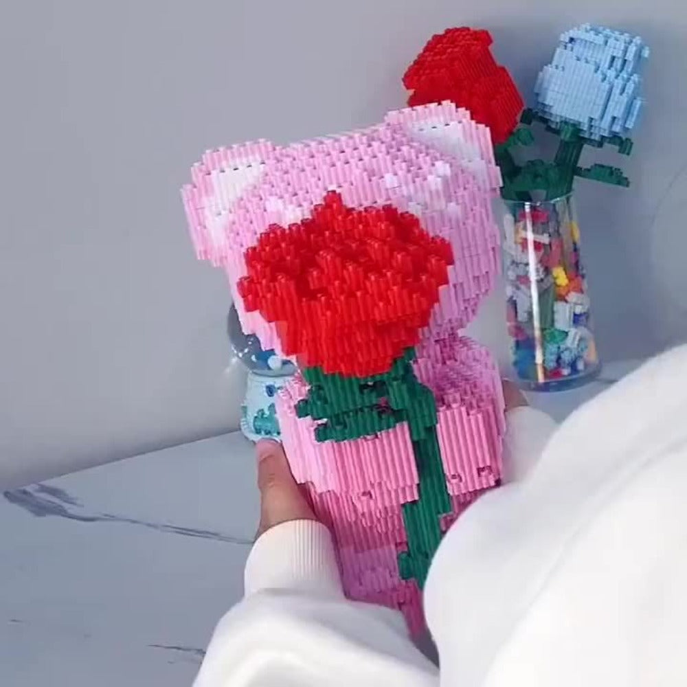 Rose Bear Building Blocks Set 4051 Pieces – Romantic Bear Holding Rose Brick Model Kit High-Difficulty Display Build, Unique Valentine's Day Anniversary Birthday Gift for Girlfriend Wife
