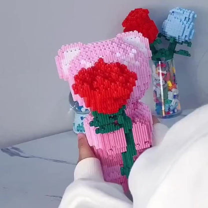 Rose Bear Building Blocks Set 4051 Pieces – Romantic Bear Holding Rose Brick Model Kit High-Difficulty Display Build, Unique Valentine's Day Anniversary Birthday Gift for Girlfriend Wife