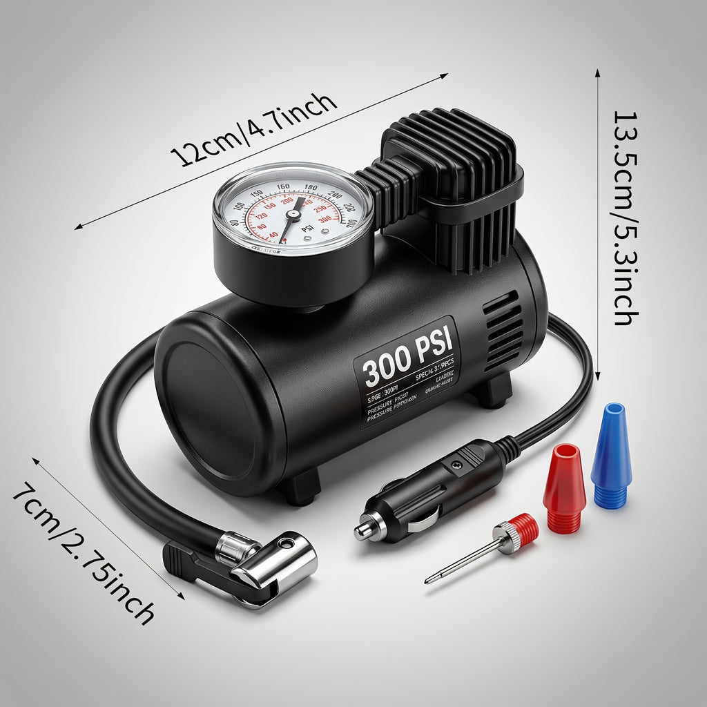 Compact 12V Air Compressor with Analog Pressure Gauge, 300 PSI Portable Tire Inflator for Car & Motorcycle
