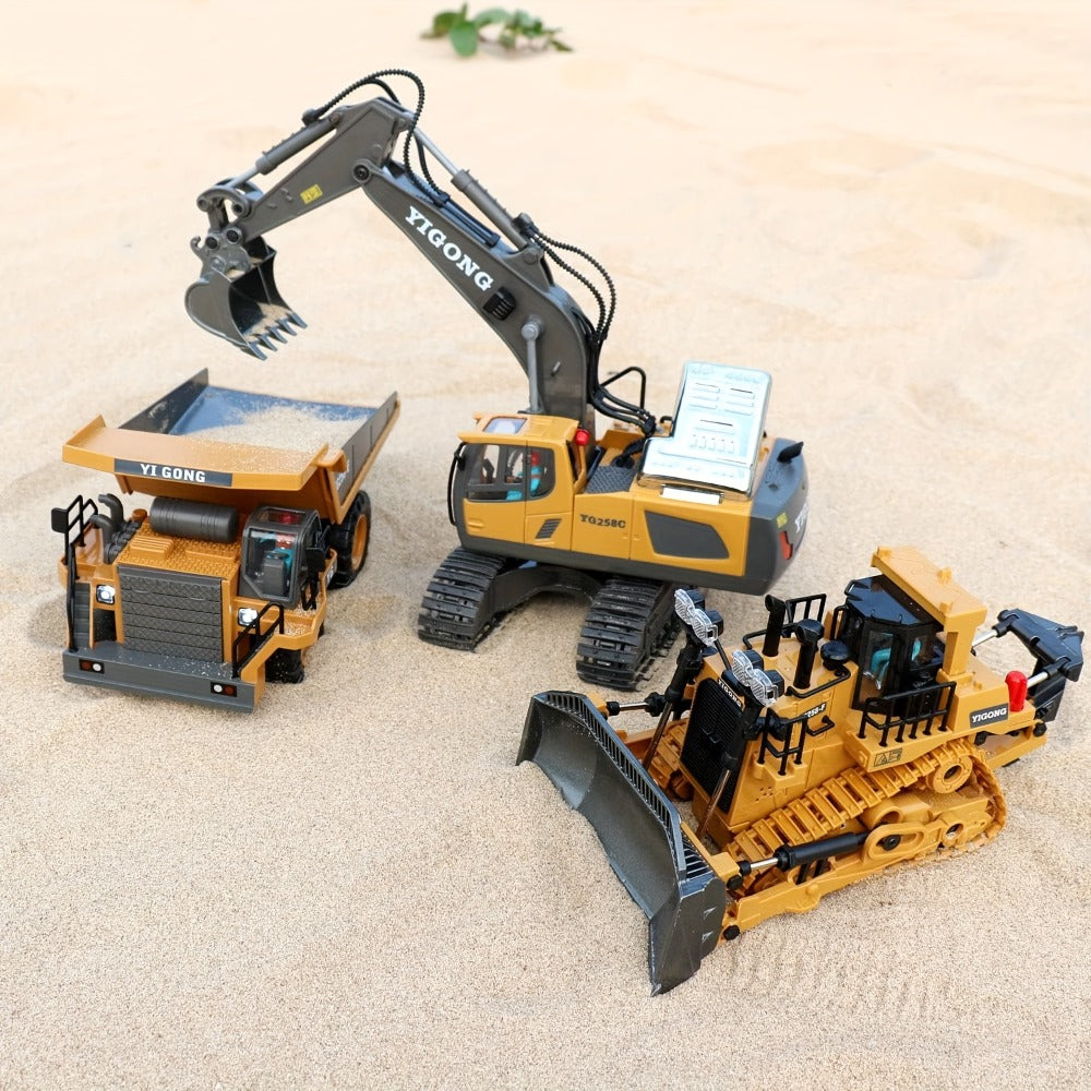 RC Construction Vehicle Set for Kids 2 3 4 Piece 2.4GHz 12-Channel Excavator Dump Truck Bulldozer Loader Alloy Remote Control Construction Equipment Birthday Christmas Gift Boys Ages 3+
