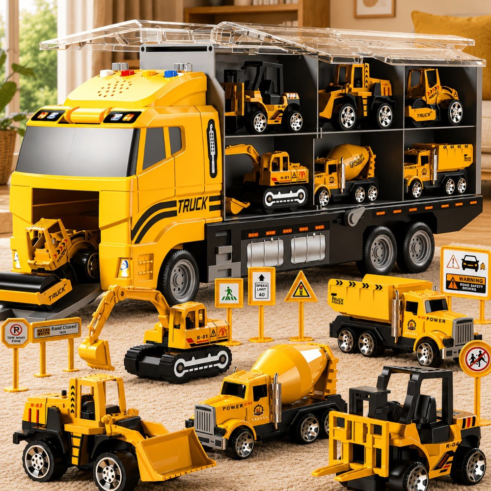13-in-1 Construction Truck Vehicle Toy Set with Die-Cast Metal Cars & Play Mat – Transport Carrier Playset for Toddlers & Kids Ages 3+ STEM Learning Gift Boys Girls