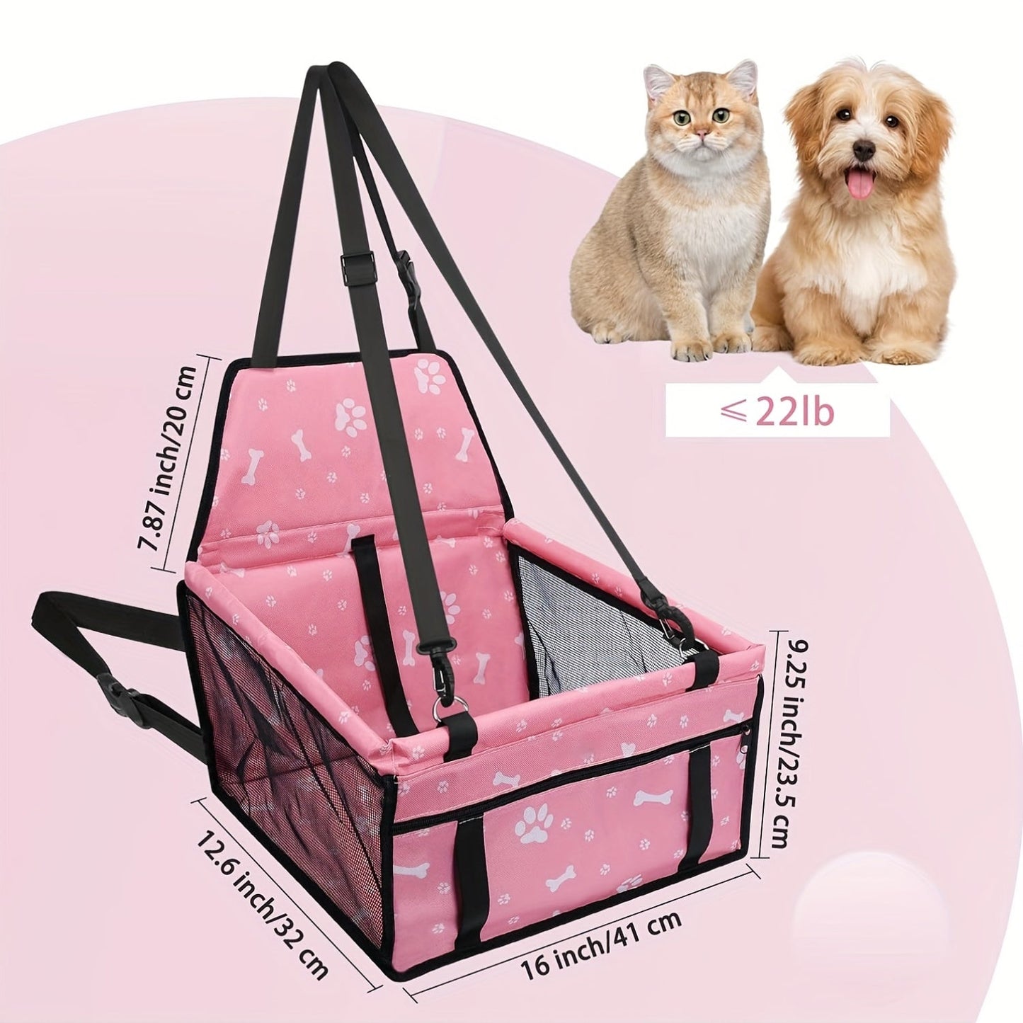 Dog Car Booster Seat for Small Dogs & Cats - Foldable Oxford Pet Car Seat Carrier with Safety Leash, Adjustable Straps, Breathable Mesh, Elevated View, Soft Washable Travel Bag for Puppies & Kittens
