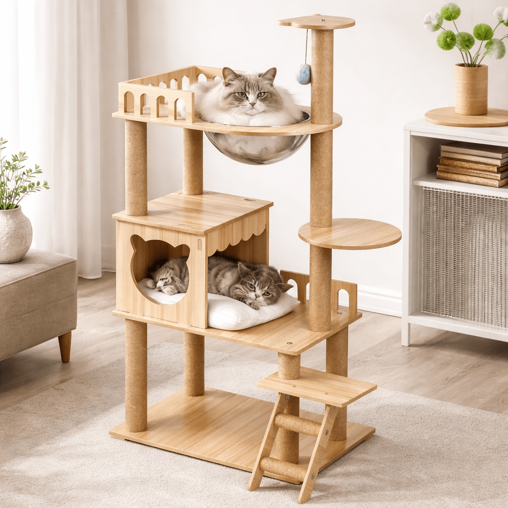 Cat Tree 54 Inch Large Wooden Cat Tower with Space Capsule Multi-Level Cat Condo Sisal Scratching Post for Indoor Cats Luxury Design