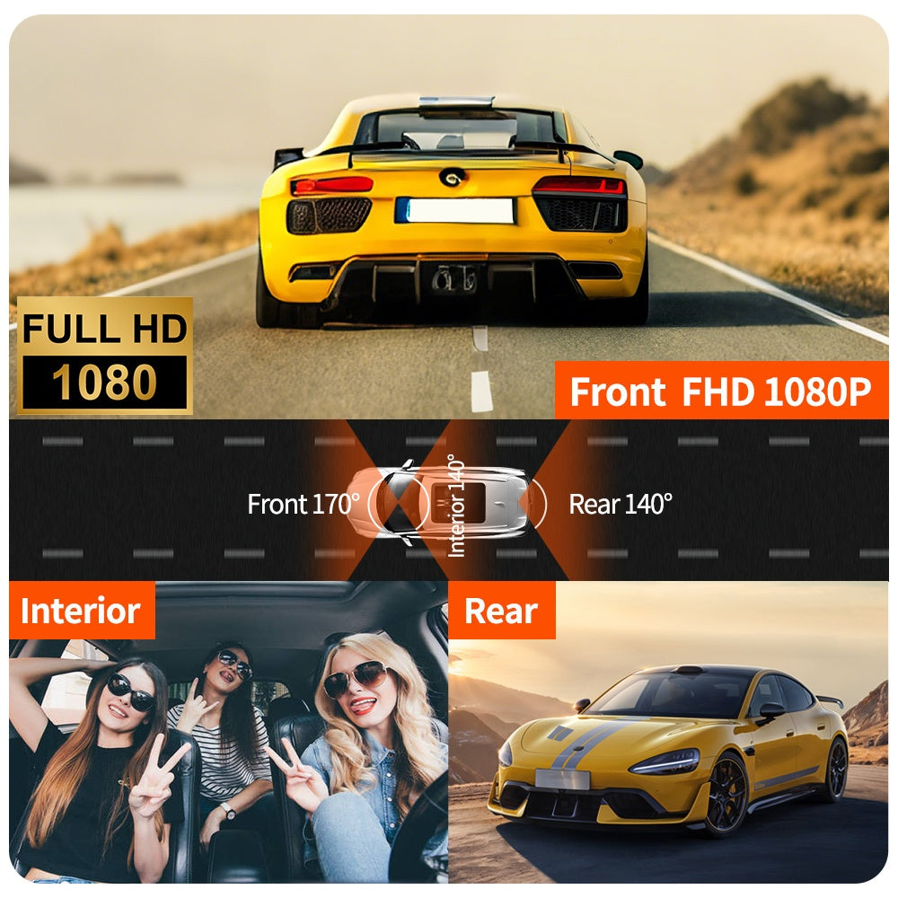 1080P Dash Cam with 3 Cameras Front Built-In Rear Infrared Night Vision 170° Wide-Angle Built-In Audio 32GB Card Connection to Smartphone Loop Recording G-Sensor 24 Parking Monitor