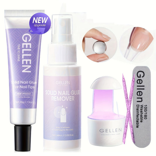 Press-On Nail Glue Gel Kit 30g with UV Lamp - Strong Long-Lasting Solid Nail Glue, 60ml Remover & Buffer for False Nails, Nail Tips & Rhinestones, Lasts 15-30 Days