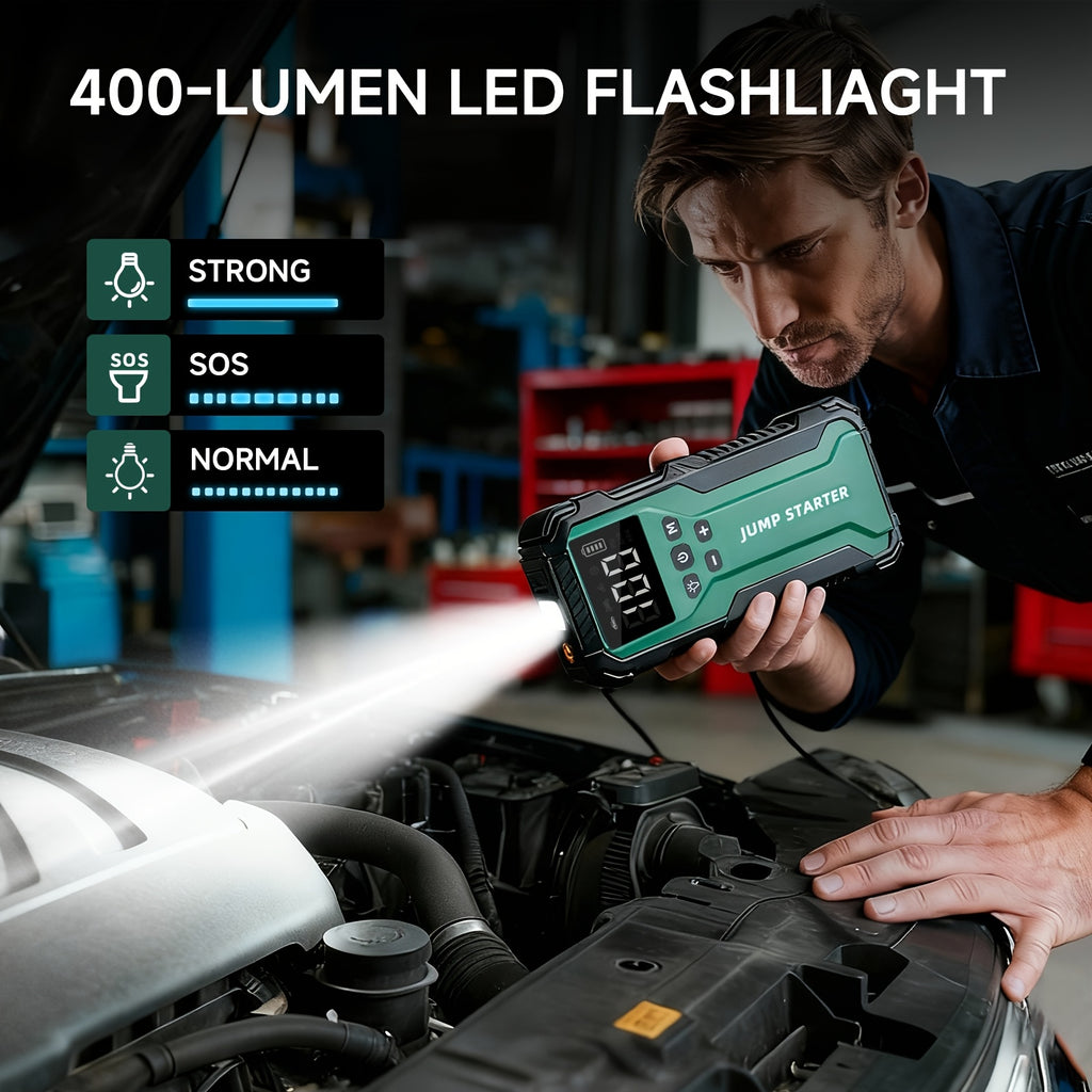 10000A 7-in-1 Multi-functional Emergency Start Power Supply with Air Pump, 150PSL Portable Car Battery Starter, Digital Tire Inflator, Suitable for 2.64 Gallon Gasoline Or 2.38 Gallon Diesel Battery, LED Emergency Light, Car Emergency Tool.
