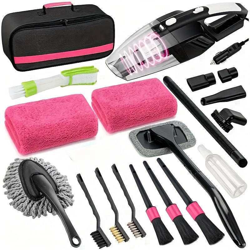 19pcs/41pcs Car Cleaning Wash Interior Detailing Cleaner with High Power Handheld Vacuum, Collapsible Bucket, Windshield Tool, Clean Snow Shovel, Tire Brush, Complete Car Care Tools