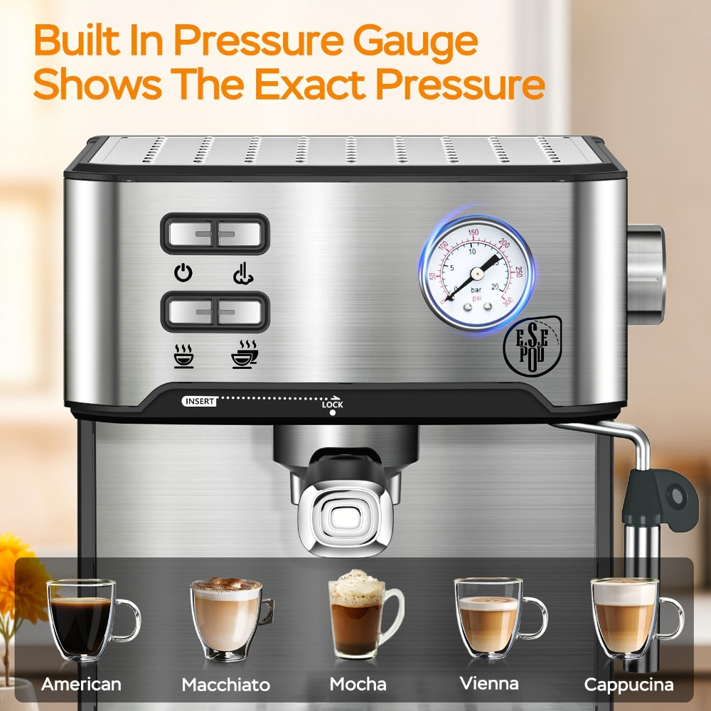 20 Bar Espresso Machine 950W – Stainless Steel Espresso & Cappuccino Latte Maker with Steam Wand Milk Frother, 49.03oz Water Tank, ESE Pod Filter, Home Barista Coffee Machine – Black, Pressure Gauge