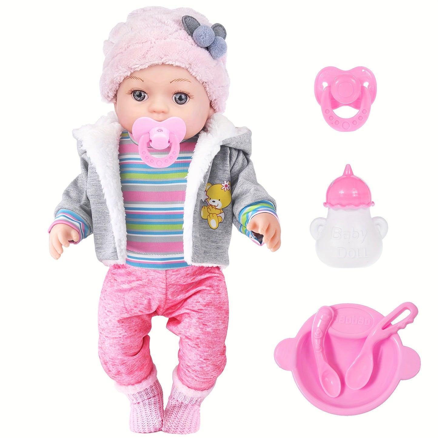 Winter Outfit Baby Doll Set 12 Inch Plush Coat Movable Limbs Clothes Socks Pacifier Bottle Utensils Nurturing Play Gift for Girls Kids Ages 3+ Birthday Christmas Holiday