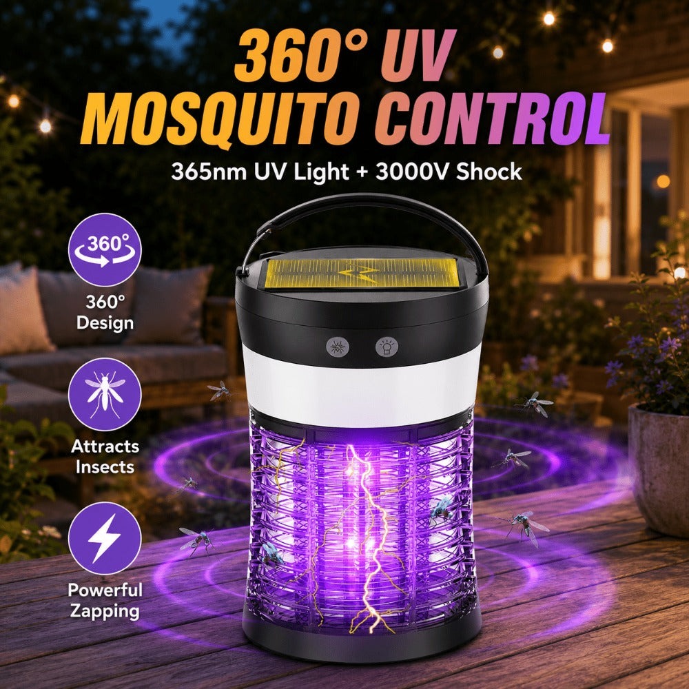 Solar Bug Zapper Electric 3-in-1 – 3000V UV 365nm Mosquito Killer Rechargeable Insect Fly Trap with White Light & Flashlight, 2100 Sq Ft Coverage for Indoor Outdoor Home Patio Backyard Camping – Black
