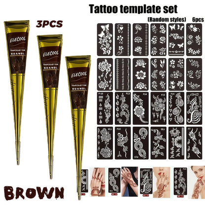 Temporary Semi-Permanent Tattoo Paste Kit - Waterproof Body Art Gel in Brown & Black with Tattoo Templates, Safe Non-Irritating Henna-Style Ink for Parties, Festivals, Cosplay & Daily Decoration