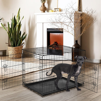 Folding Wire Dog Crate with Divider - Single & Double Door Options, Leak-Proof Plastic Tray, Indoor Outdoor Travel Kennel for Small Medium Large Dogs, 24" / 30" / 36" Sizes