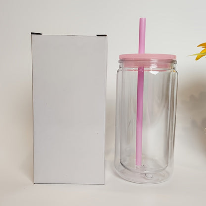 Clear Plastic Snow Globe Tumblers 16oz Double Wall Bulk Set 25 or 50 Cups Pre-Drilled Hole Colored Lid Straw for Iced Coffee Boba Soda Party DIY Customization