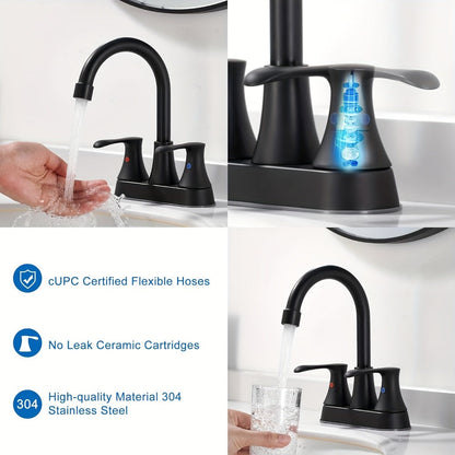 Centerset Bathroom Faucet 2 Handle 4 Inch - Lead-Free Dual Handle Vanity Sink Faucet with Pop-Up Drain & Supply Lines, Brushed Nickel, Matte Black, Oil Rubbed Bronze, Brushed Gold, 2-3 Hole RV Compatible
