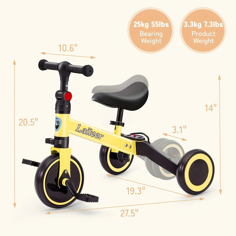 3-in-1 Toddler Balance Bike Convertible Tricycle for Kids Ages 2-5 Adjustable Foldable Rear Wheels Removable Pedals Trike Balance Bike Combo Birthday Gift Boys Girls