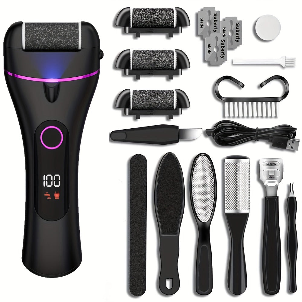Foot Callus Remover Electric 14-in-1 Rechargeable Pedicure Kit 3 Roller Heads 2 Speed USB Powered Dead Skin Scrubber Cracked Heel Foot File for Women Men Home Salon Use Black Purple
