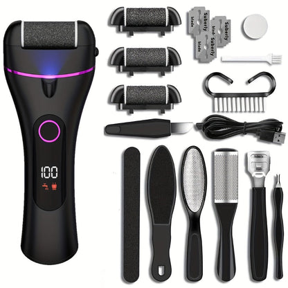 Foot Callus Remover Electric 14-in-1 Rechargeable Pedicure Kit 3 Roller Heads 2 Speed USB Powered Dead Skin Scrubber Cracked Heel Foot File for Women Men Home Salon Use Black Purple