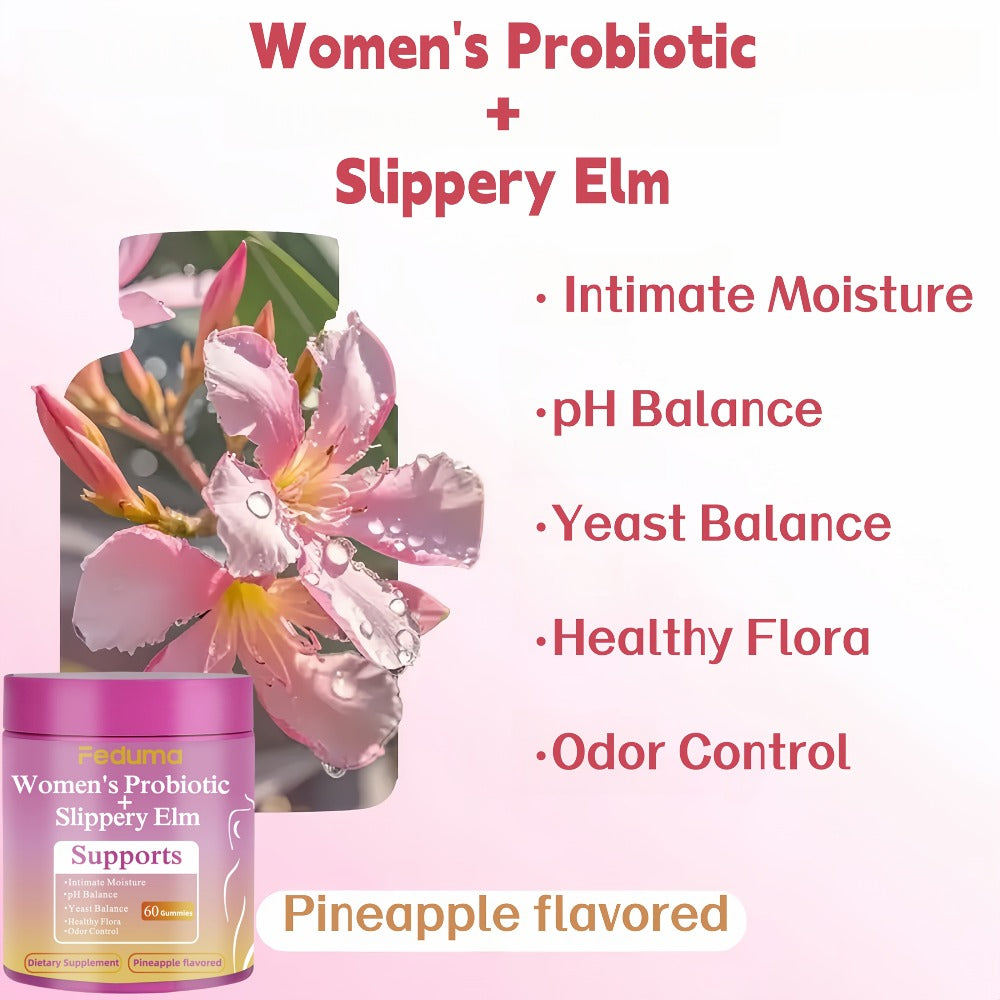 Women's Probiotic Gummies with Slippery Elm for Intimate Moisture Odor Control Healthy Flora – Pineapple Flavor 60 Count Feminine Wellness Supplement Daily Gut Health Support