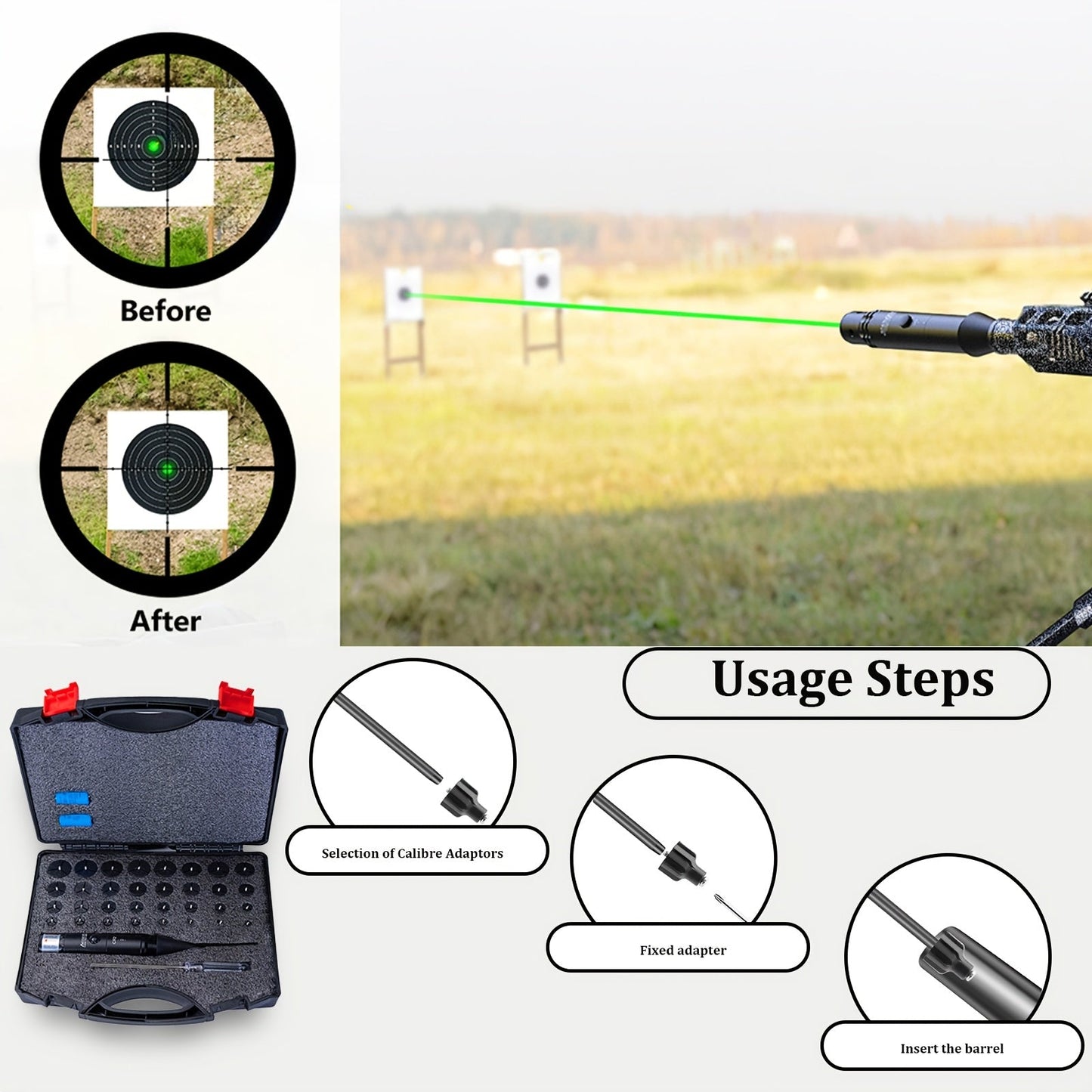 Universal Laser Bore Sighter Kit with 32 Adapters | Red & Green Bore Sight for Rifles, Pistols & Shotguns – Tactical Caliber Boresighter Accommodating Firearms from .17 to 12GA for Fast Zero-In