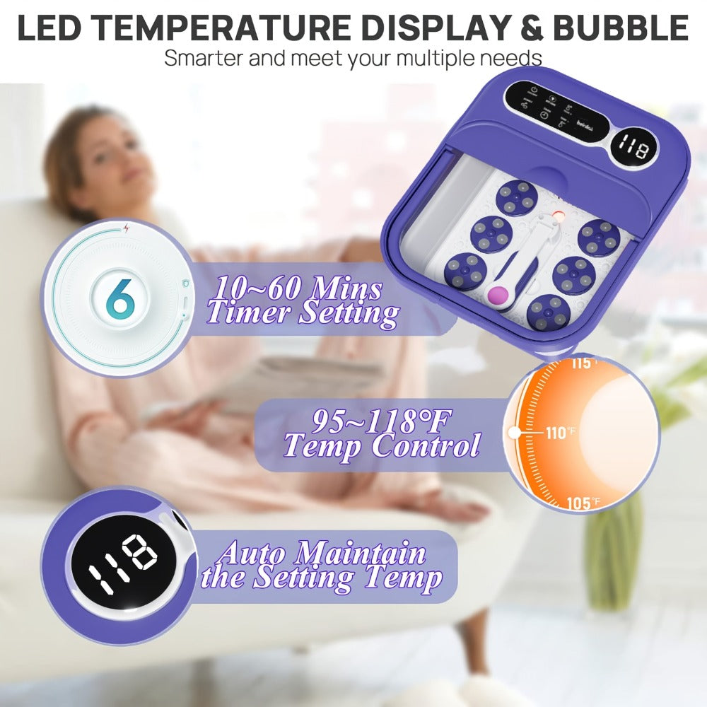 Foot Spa Massager Collapsible with Heater & Temperature Control – Foot Bath with Bubbles, 6 Massage Rollers, Vibration, Red Light Therapy & Auto Massage for Home Foot Care, Black Blue