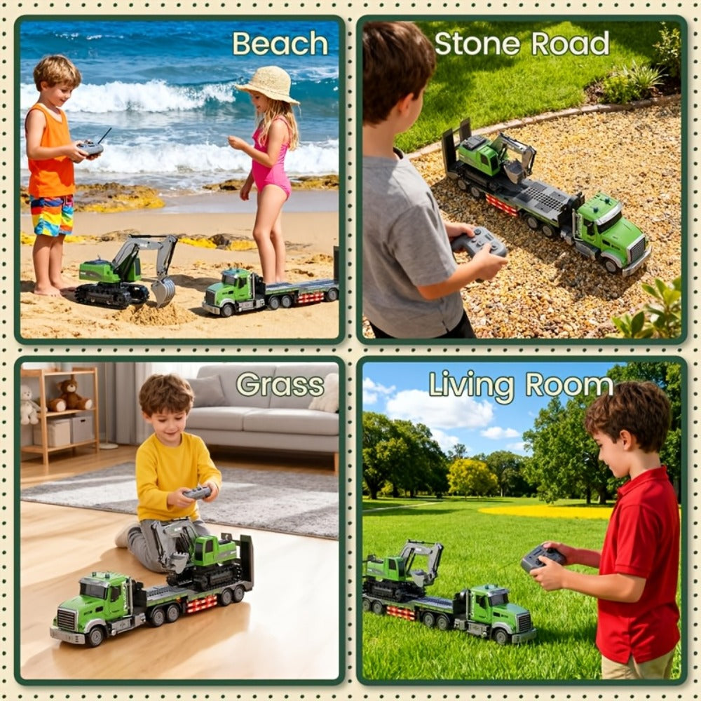 RC Semi Truck with Flatbed Trailer & Alloy Excavator Set 1:12 Scale | 11-Channel Dual Control, Sound & Lights | Construction Engineering Toy for Kids Boys