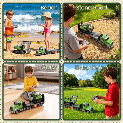 RC Semi Truck with Flatbed Trailer & Alloy Excavator Set 1:12 Scale | 11-Channel Dual Control, Sound & Lights | Construction Engineering Toy for Kids Boys